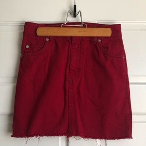 Red mini denim skirt
